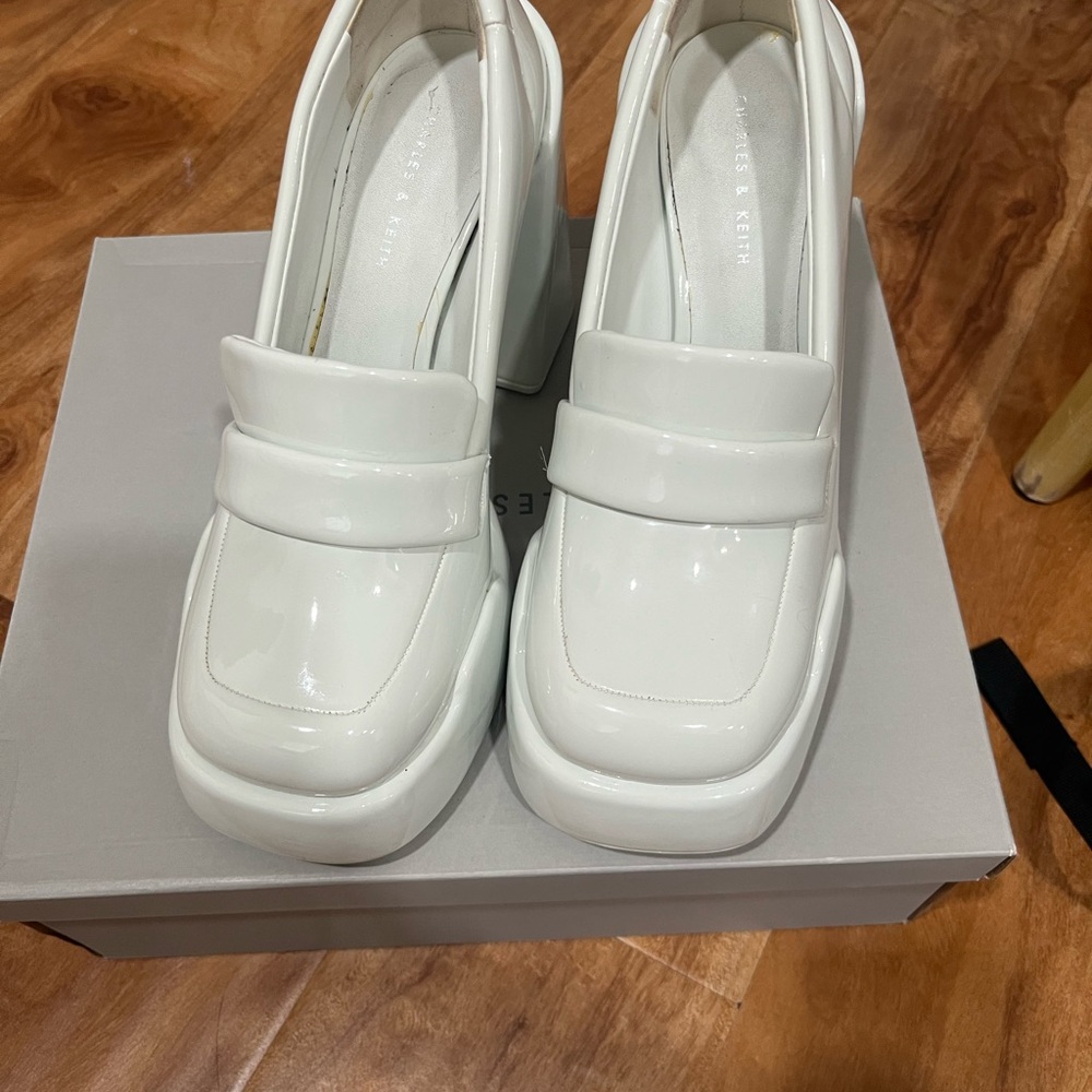 Charles & Keith White Heeled Loafers